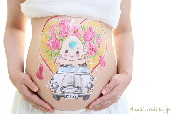 【朝フォト！】マタニティペイントで安産祈願！イケダアツコさんのペイント！